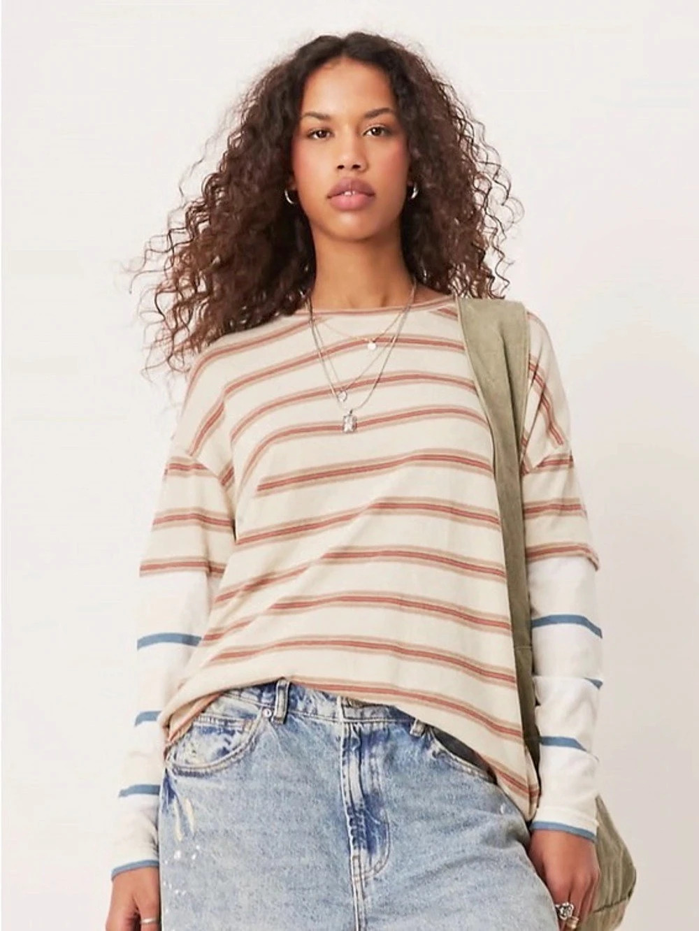Free People FP Movement Hustle Striped Layer Cream & Brown Long Sleeve Top